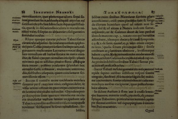 Tabacologia: hoc est tabaci, seu nicotianae descripti medico-chirurgico-pharmaceutica vel eius praeparatio et usus in omnibus fermè corporis humani incommodis. Per Johannem Neandrum Bremanum, ...