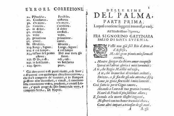 Delle rime del signor Giouanni Palma, tra gl'Infuriati academici napolitani l'Impaziente, prima, e seconda parte. Per pascolo degl'ingegni studiosi delle pure poesie toscane date alla luce nel mondo