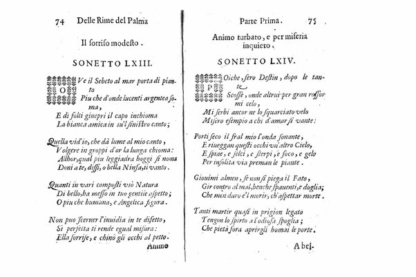 Delle rime del signor Giouanni Palma, tra gl'Infuriati academici napolitani l'Impaziente, prima, e seconda parte. Per pascolo degl'ingegni studiosi delle pure poesie toscane date alla luce nel mondo