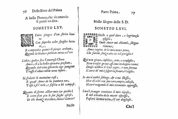 Delle rime del signor Giouanni Palma, tra gl'Infuriati academici napolitani l'Impaziente, prima, e seconda parte. Per pascolo degl'ingegni studiosi delle pure poesie toscane date alla luce nel mondo