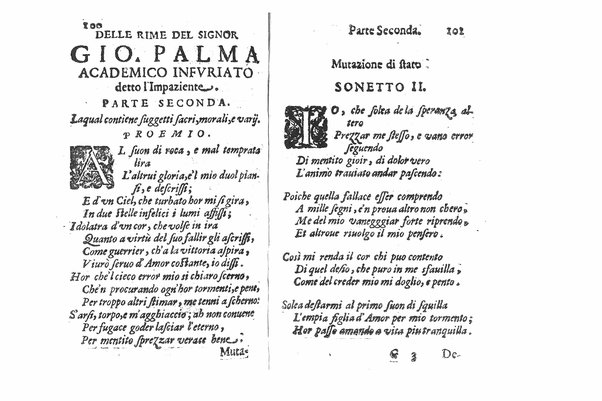 Delle rime del signor Giouanni Palma, tra gl'Infuriati academici napolitani l'Impaziente, prima, e seconda parte. Per pascolo degl'ingegni studiosi delle pure poesie toscane date alla luce nel mondo