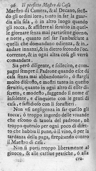 Il perfetto maestro di casa di Francesco Liberati romano. Distinto in trè libri i quali contengono vna esatta instruttione per l'vfficio di ciascun ministro, e cortegiano di quanto appartiene all'economia; ... Con alcuni capitoli sopra le prouuisioni da farsi ne' conclaui nelle promotioni, ... Con vna esatta cognitione de tempi, aria, & acqua lauori, ... Di nuouo corretta, & ampliata dall'autore. Opera vtilissima, e necessaria al buon gouerno di qualsiuoglia corte, e casa priuata