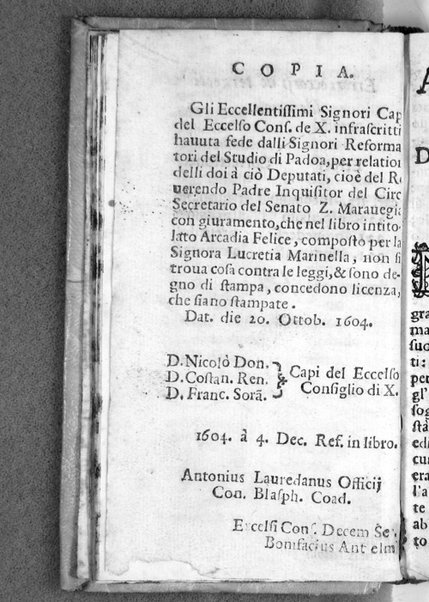 Arcadia felice di Lucretia Marinella. Dedicata alla serenissima Madama Leonora Medici Gonzaga, ...