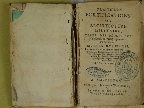 Traité des fortifications, ou Architecture militaire, tirée des place les plus estimées de ce temps, pour leurs fortifications. Diuisé en deux parties. La premiere vous met en main les plans, coupes & eleuations de quantité de placefort estimées, & tenuës pour tres-bien fortifiées. La seconde vous fournir des pratiques faciles pour en faire de semblables