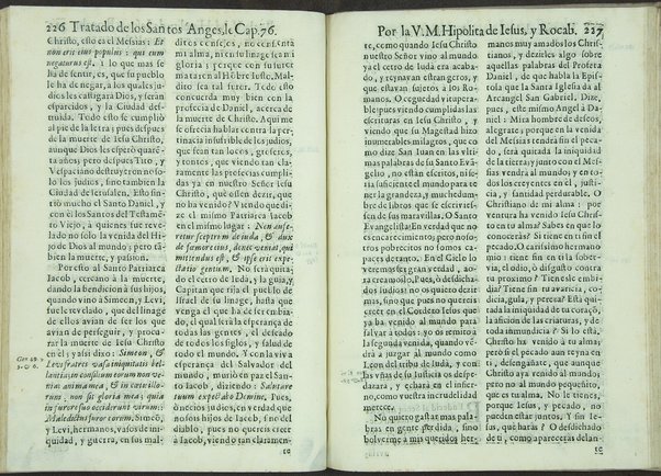 Tratado de los santos angeles en que se explican, y ponderan las calidades, excelencias, y ministerios, que para con los hombres exercitan aquellos celestiales espiritus. Qur compuso ... Hipolita de Iesus, y Rocaberti. ... En Valencia : por Manuel Gomez, 1683