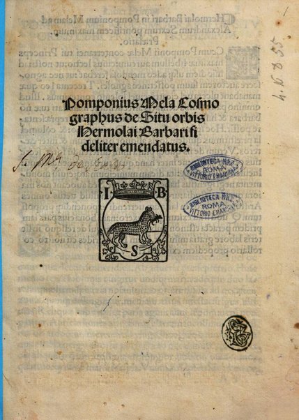 Pomponius Mela cosmographus de situ orbis Hermolai Barbari fideliter emendatus