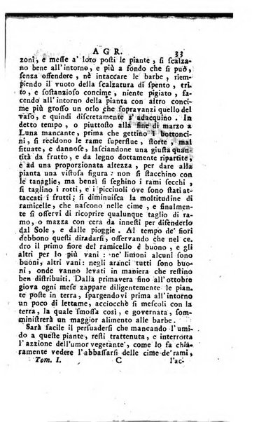 [Dizionario di agricoltura, nel quale si contiene la coltura, e conservazione de' diversi prodotti riguardanti le terre seminative, i prati, i boschi, le vigne, ed i giardini. Come pure il governo de' bestiami, de' colombi, de polii, dell'api, de' bachi da seta, le loro malattie, ed i loro rispettivi rimedj ... Da sicure osservazioni raccolto da Ignazio Ronconi fiorentino ... Tomo 1-[2]. - In Venezia : per Francesco Sansoni, 1771] 1