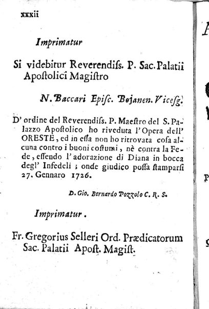 L'Oreste tragedia di monsignor Giovanni Rucellai rappresentata nel Collegio Clementino nelle vacanze del Carnovale dell'anno 1726. Consacrata all'eminentissimo, e reverendissimo principe, il signor cardinale Benedetto Pamfilio, protettore del Collegio Clementino