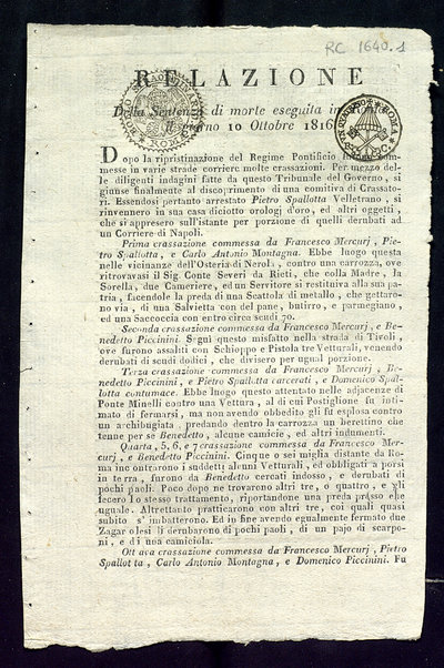 Relazione della sentenza di morte eseguita in Roma il giorno 10 ottobre 1816