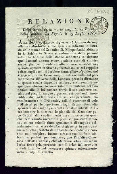 Relazione della sentenza di morte eseguita in Roma nella piazza del Popolo li 19 luglio 1817