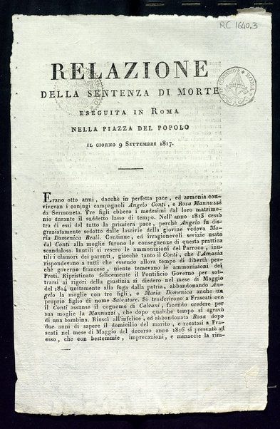 Relazione della sentenza di morte eseguita in Roma nella piazza del Popolo il giorno 9 settembre 1817