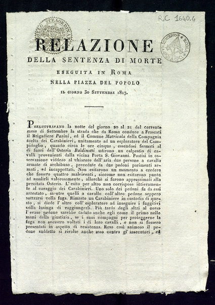 Relazione della sentenza di morte eseguita in Roma nella piazza del Popolo il giorno 30 settembre 1817