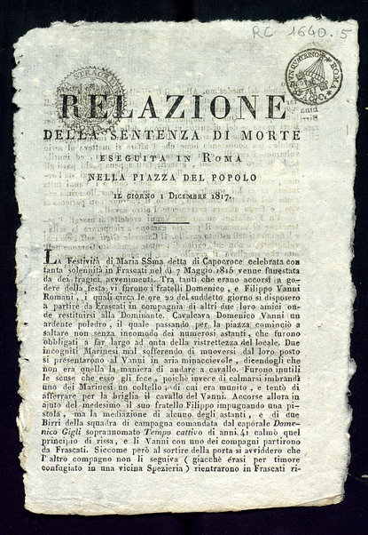 Relazione della sentenza di morte eseguita in Roma nella Piazza del Popolo il giorno 1 dicembre 1817