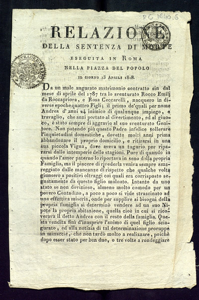 Relazione della sentenza di morte eseguita in Roma nella Piazza del Popolo il giorno 13 aprile 1818