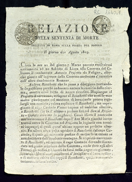 Relazione della sentenza di morte eseguita in Roma sulla Piazza del Popolo il giorno due agosto 1819