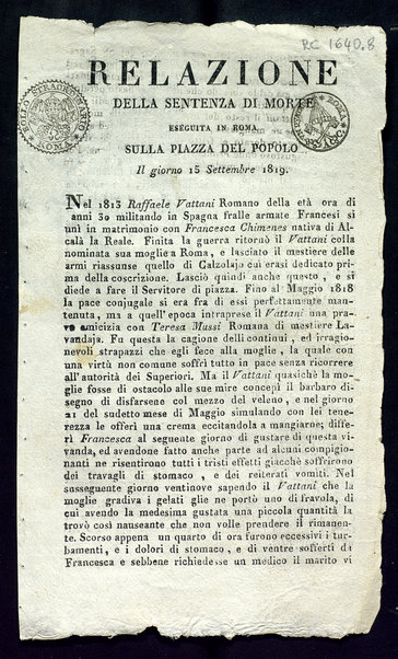Relazione della sentenza di morte eseguita in Roma sulla Piazza del Popolo il giorno 15 settembre 1819