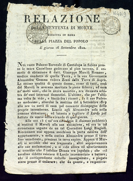 Relazione della sentenza di morte eseguita in Roma sulla Piazza del Popolo il giorno 16 settembre 1820
