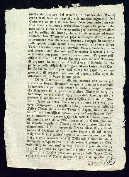 Relazione della sentenza di morte eseguita in Roma sulla Piazza del Popolo il giorno 16 settembre 1820