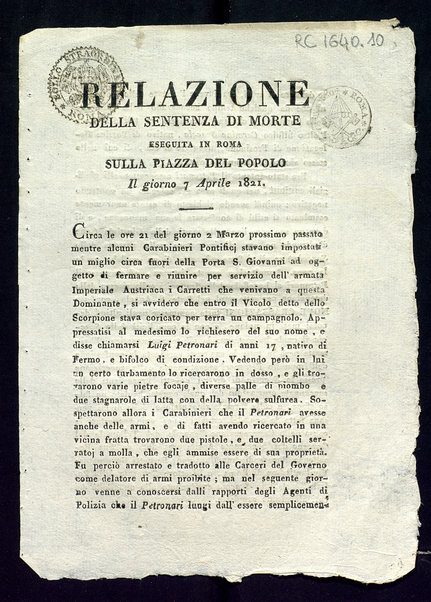Relazione della sentenza di morte eseguita in Roma sulla Piazza del Popolo il giorno 7 aprile 1821