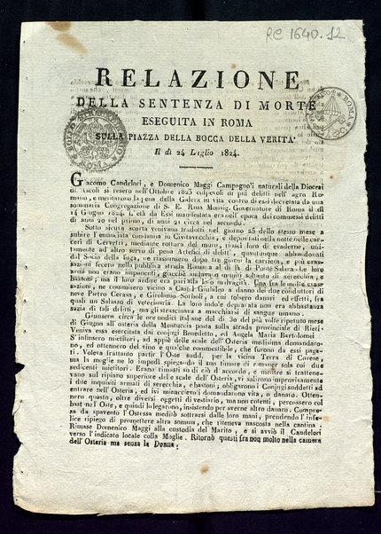 Relazione della sentenza di morte eseguita in Roma sulla piazza della Bocca della Verità il dì 24 luglio 1824
