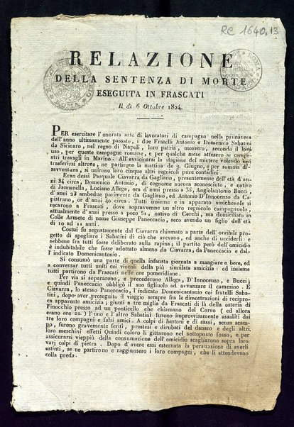 Relazione della sentenza di morte eseguita in Frascati il dì 6 ottobre 1824