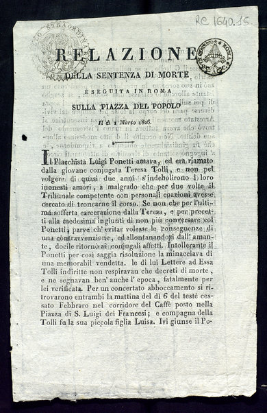 Relazione della sentenza di morte eseguita in Roma sulla piazza del Popolo il dì 1 marzo 1826