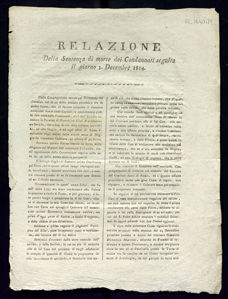 Relazione della sentenza di morte dei condannati seguita il giorno 3. Decembre 1814