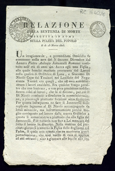 Relazione della sentenza di morte eseguita in Roma sulla Piazza del Popolo il dì 15 marzo 1826