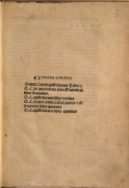 Quintus Curtius. Quinti Curtii Epistolarum liber 1. Q.C. de auctoritate data Hannibali liber secundus. Q.C. epistolarum liber tertius Q.C. oratio contra asentatores et detractores liber quartus Q.C. epistolarum liber quintus