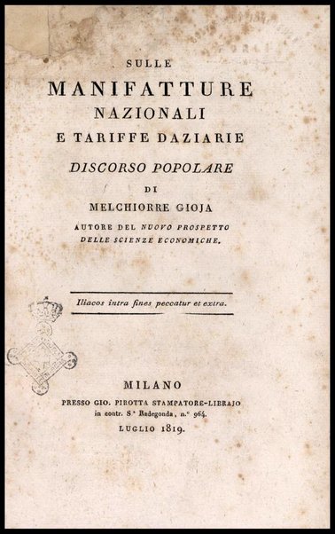 Sulle manifatture nazionali e tariffe daziarie discorso popolare di Melchiorre Gioja autore del nuovo prospetto delle scienze economiche