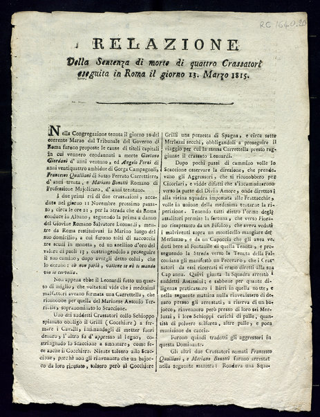 Relazione della sentenza di morte di quattro crassatori eseguita in Roma il giorno 13 marzo 1815