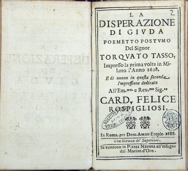 La disperazione di Giuda poemetto postumo del signor Torquato Tasso , impresso la prima volta in Milano l'anno 1628