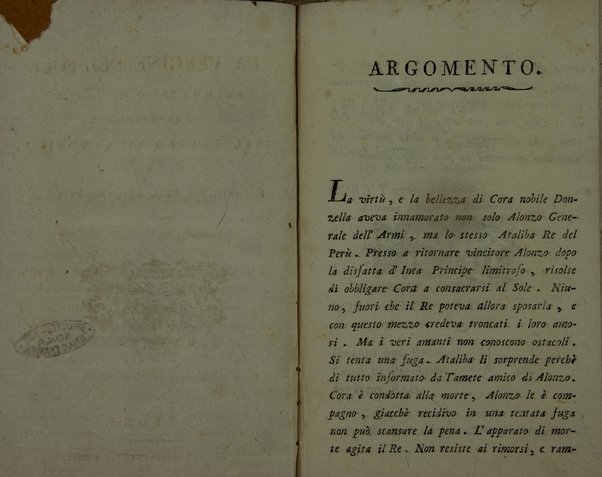 La vergine del sole dramma serio per musica da rappresentarsi nel teatro Filarmonico di Verona il carnovale dell'anno corrente 1808