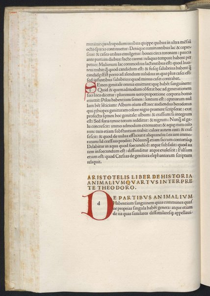 Finiunt libri de animalibus Aristotelis interprete Theodoro Gaze v. clarissimo: quos Ludouicus podocatharus Cyprius ex archetypo ipsius Theodori fideliter & diligenter auscultauit: & formulis imprimi curauit