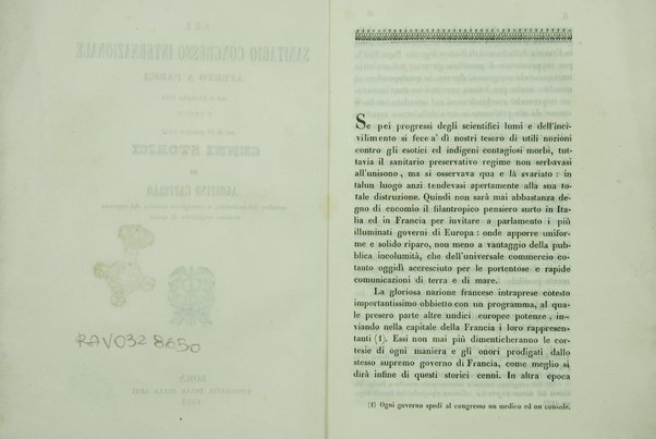 Sul sanitario congresso internazionale aperto a Parigi nel di 23 luglio 1851 e chiuso nel di 19 gennaio 1852 : cenni storici / di Agostino Cappello