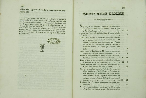 Sul sanitario congresso internazionale aperto a Parigi nel di 23 luglio 1851 e chiuso nel di 19 gennaio 1852 : cenni storici / di Agostino Cappello