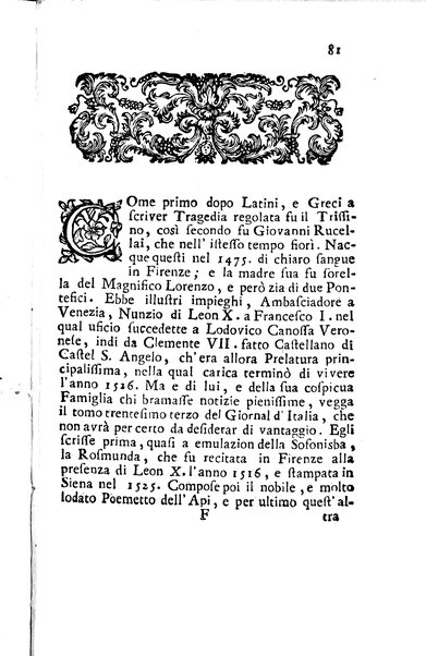 1: Tomo primo in cui si contengono La Sofonisba del Trissino. L'Oreste del Rucellai non più stampato. L'Edipo di Sofocle tradotto dal Giustiniano. La Merope del Torelli. Premessa un'istoria del teatro, e difesa di esso