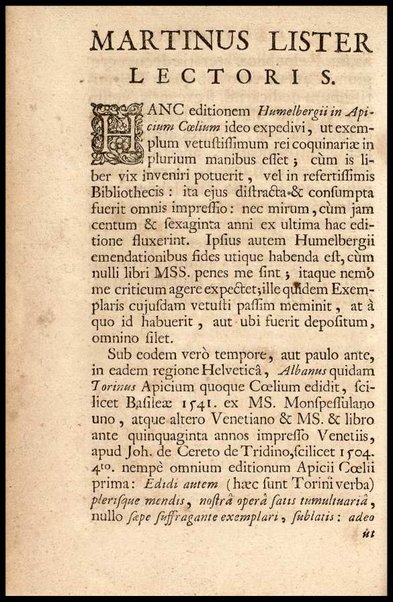 Apicii Coelii De opsoniis et condimentis, sive Arte coquinaria, libri decem. Cum annotationibus Martini Lister, ... et notis selectioribus, variisque lectionibus integris, Humelbergii, Barthii, Reinesii, A. Van der Linden, & aliorum, ut & variarum lectionum libello