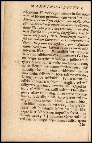 Apicii Coelii De opsoniis et condimentis, sive Arte coquinaria, libri decem. Cum annotationibus Martini Lister, ... et notis selectioribus, variisque lectionibus integris, Humelbergii, Barthii, Reinesii, A. Van der Linden, & aliorum, ut & variarum lectionum libello
