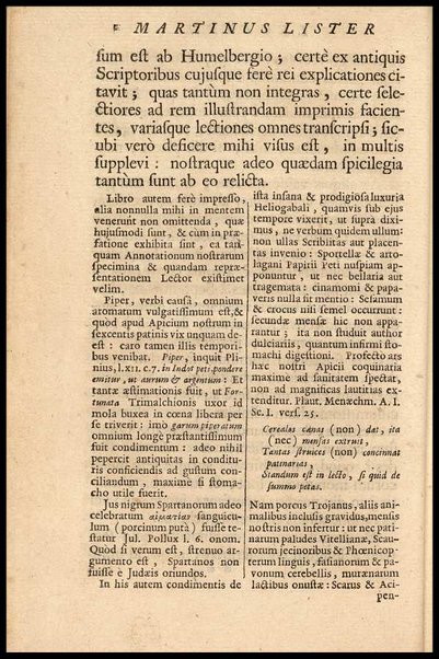 Apicii Coelii De opsoniis et condimentis, sive Arte coquinaria, libri decem. Cum annotationibus Martini Lister, ... et notis selectioribus, variisque lectionibus integris, Humelbergii, Barthii, Reinesii, A. Van der Linden, & aliorum, ut & variarum lectionum libello