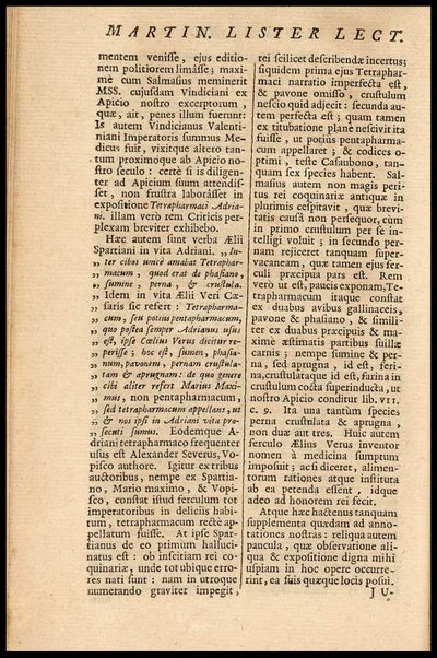 Apicii Coelii De opsoniis et condimentis, sive Arte coquinaria, libri decem. Cum annotationibus Martini Lister, ... et notis selectioribus, variisque lectionibus integris, Humelbergii, Barthii, Reinesii, A. Van der Linden, & aliorum, ut & variarum lectionum libello