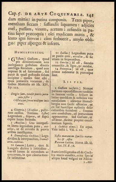 Apicii Coelii De opsoniis et condimentis, sive Arte coquinaria, libri decem. Cum annotationibus Martini Lister, ... et notis selectioribus, variisque lectionibus integris, Humelbergii, Barthii, Reinesii, A. Van der Linden, & aliorum, ut & variarum lectionum libello