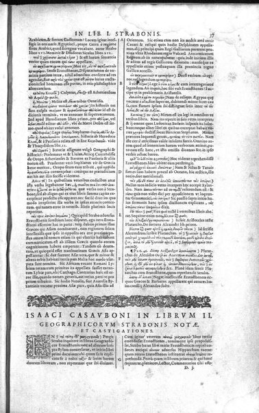 Strabōnos Geōgraphikōn bibloi 17. Strabonis Rerum geographicarum libri 17. Isaacus Casaubonus recensuit, summoque studio & diligentia, ope etiam veterum codicum, emendauit, ac commentariis illustrauit. Accessit & tabula orbis totius descriptionem complectens. Adiecta est etiam Guilielmi Xylandri Augustani Latina versio, cum necessariis indicibus