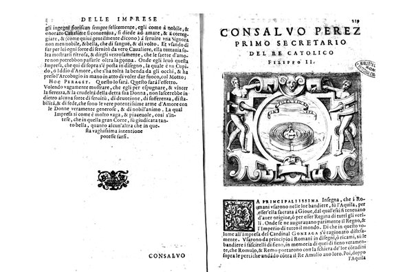 Le imprese illustri con espositioni, et discorsi del s.or Ieronimo Ruscelli. Al serenissimo et sempre felicissimo re catolico, Filippo d'Austria. ... Con la giunta di altre imprese tutto riordinato et corretto da Fran.co Patritio