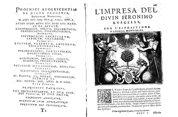 Le imprese illustri con espositioni, et discorsi del s.or Ieronimo Ruscelli. Al serenissimo et sempre felicissimo re catolico, Filippo d'Austria. ... Con la giunta di altre imprese tutto riordinato et corretto da Fran.co Patritio