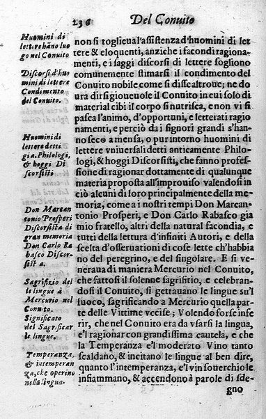 Il conuito ouero Discorsi di quelle materie che al conuito s'appartengono. Del sig. Ottauiano Rabasco. Nelle Accademie de gl'Incitati in Roma e de Gelati in Bologna detto l'Assicurato. Doue s'hanno strettamente, con ordine diligente la diffinitione l'origine, la materia, il luogo, il tempo, l'apparato, i ministri, le feste, i giuochi, i ragionamenti, le circostanze, gl'effetti, le deità, & imaginati numi tutelari de' conuiti ... E con un discorso, a qual parte della filosofia si subordini il conuito. ...