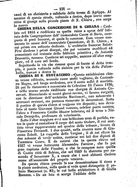 Roma antica e Roma moderna, ovvero Nuovissimo itinerario storico-popolare-economico tanto della moderna città indicante tutti gli edifizi notevoli che sono in essa, quanto le cose più celebri dell'antica Roma e ne' suoi dintorni diviso in otto giornate e redatto sulle opere del Vasi, del Nibby, del Canina ed altri distinti archeologi / per A. Finardi