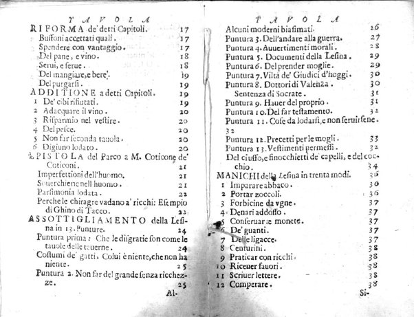 Della famosissima compagnia della Lesina dialogo, capitoli, ragionamenti, con l'assotigliamento in tredici punture della punta d'essa Lesina. Alla quale s'e rifatto il manico in trenta modi, & doppo quelli in venti altri ... Con la nuoua aggiunta del modo di ricevere li nouitij delle pene debite a' cattiui lesinanti, di tre consulti delle matrone per entrare in questa compagnia. E de gli auuertimenti sopra le malitie de' contadini. Post'insieme dall'Academico Speculatiuo, e raccolti dallo Economo della spilorceria. ...