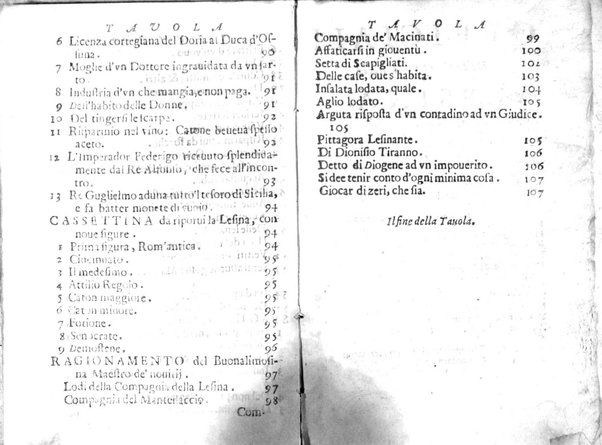 Della famosissima compagnia della Lesina dialogo, capitoli, ragionamenti, con l'assotigliamento in tredici punture della punta d'essa Lesina. Alla quale s'e rifatto il manico in trenta modi, & doppo quelli in venti altri ... Con la nuoua aggiunta del modo di ricevere li nouitij delle pene debite a' cattiui lesinanti, di tre consulti delle matrone per entrare in questa compagnia. E de gli auuertimenti sopra le malitie de' contadini. Post'insieme dall'Academico Speculatiuo, e raccolti dallo Economo della spilorceria. ...