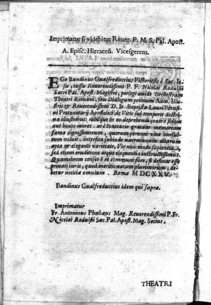 Theatri Romani orchestra Io. Baptistae Lauri Perusini dialogus de viris sui aeui doctrina illustribus Romae 1618. Opera & industria Iusti Riquii Belgae in lucem editus